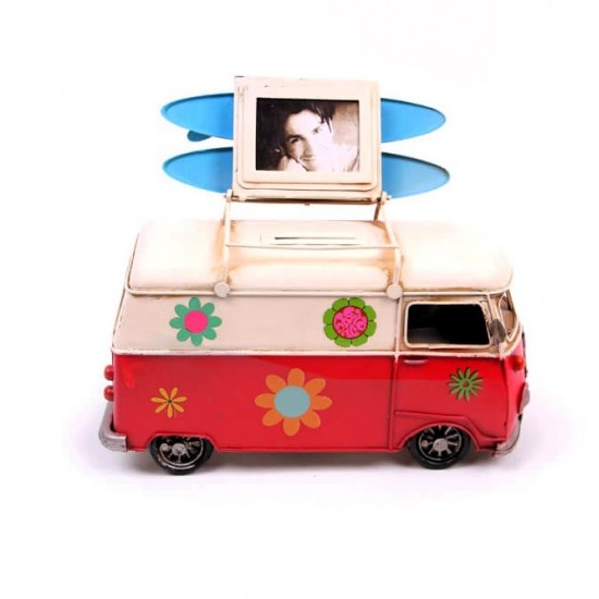 Dekoratif Metal Nostaljik Vosvos Minibüs Çerçeveli ve Kumbaralı Camper Van Classic  E-5382