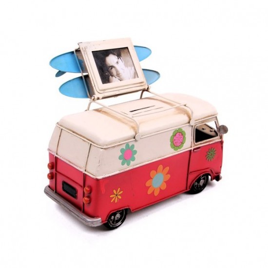 Dekoratif Metal Nostaljik Vosvos Minibüs Çerçeveli ve Kumbaralı Camper Van Classic  E-5382